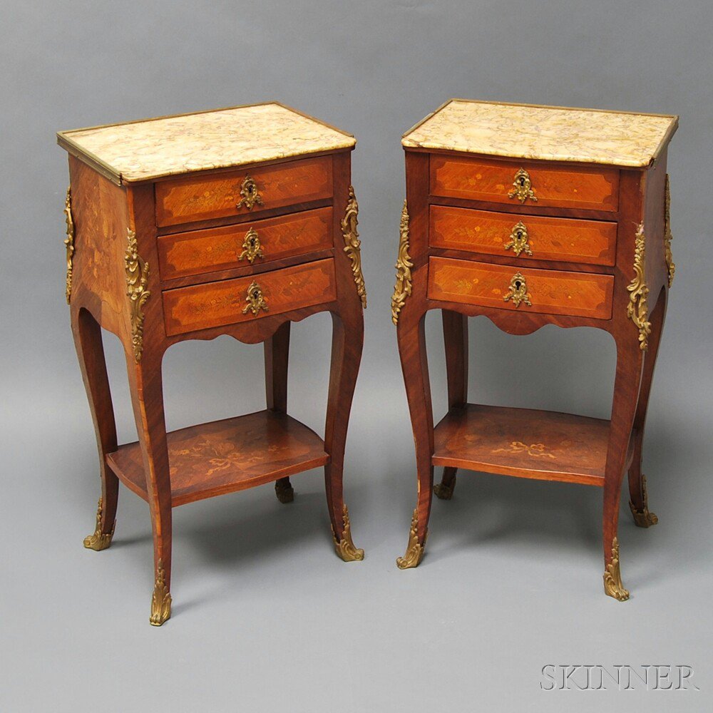 Appraisal: Pair of Louis XV-style Marquetry Marble-top Side Tables the three-drawer