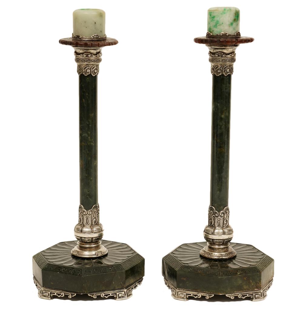 Appraisal: MANNER OF ED FARMER JADE SILVER CANDLESTICKSPair of silver mounted