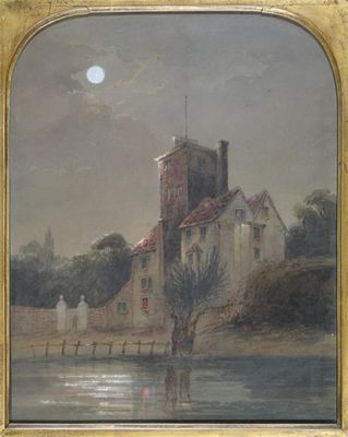 Appraisal: Continental School th Century Lakeside castle in Moonlight Watercolour heightened