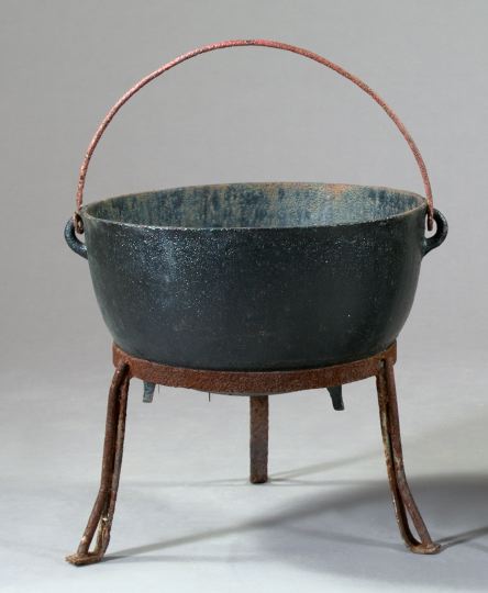 Appraisal: Rare American Cast-Iron Footed Indigo Pot-on-Stand ca with a wrought-iron