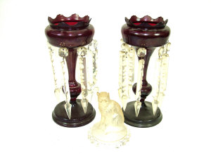 Appraisal: Pair of ruby glass table lustres with large clear hanging