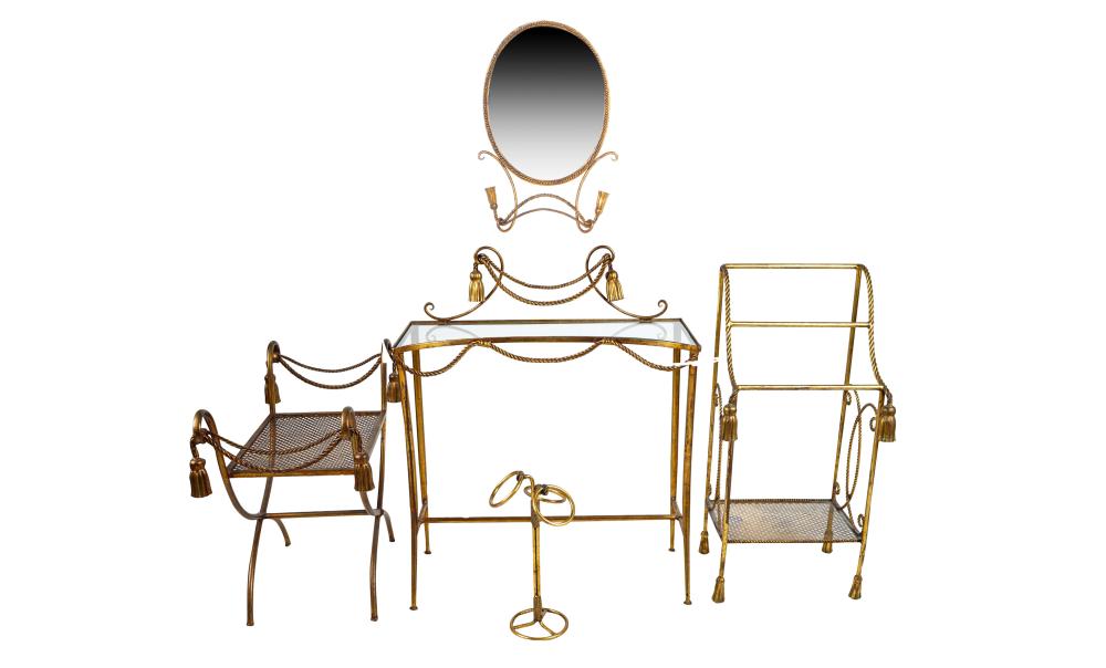 Appraisal: GILT METAL VANITY SETcomprising a console oval mirror bench towel