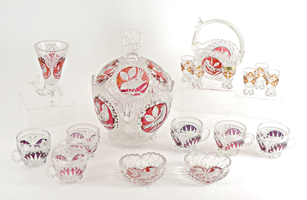 Appraisal: HOFBAUER PIECE FLASHED CRYSTAL PUNCH BOWL AND MORE pieces with