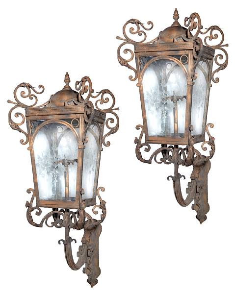 Appraisal: A pair of Renaissance style iron tole and etched glass