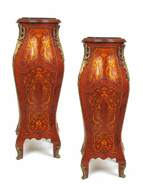 Appraisal: A pair of Louis XV style inlaid marble top pedestals