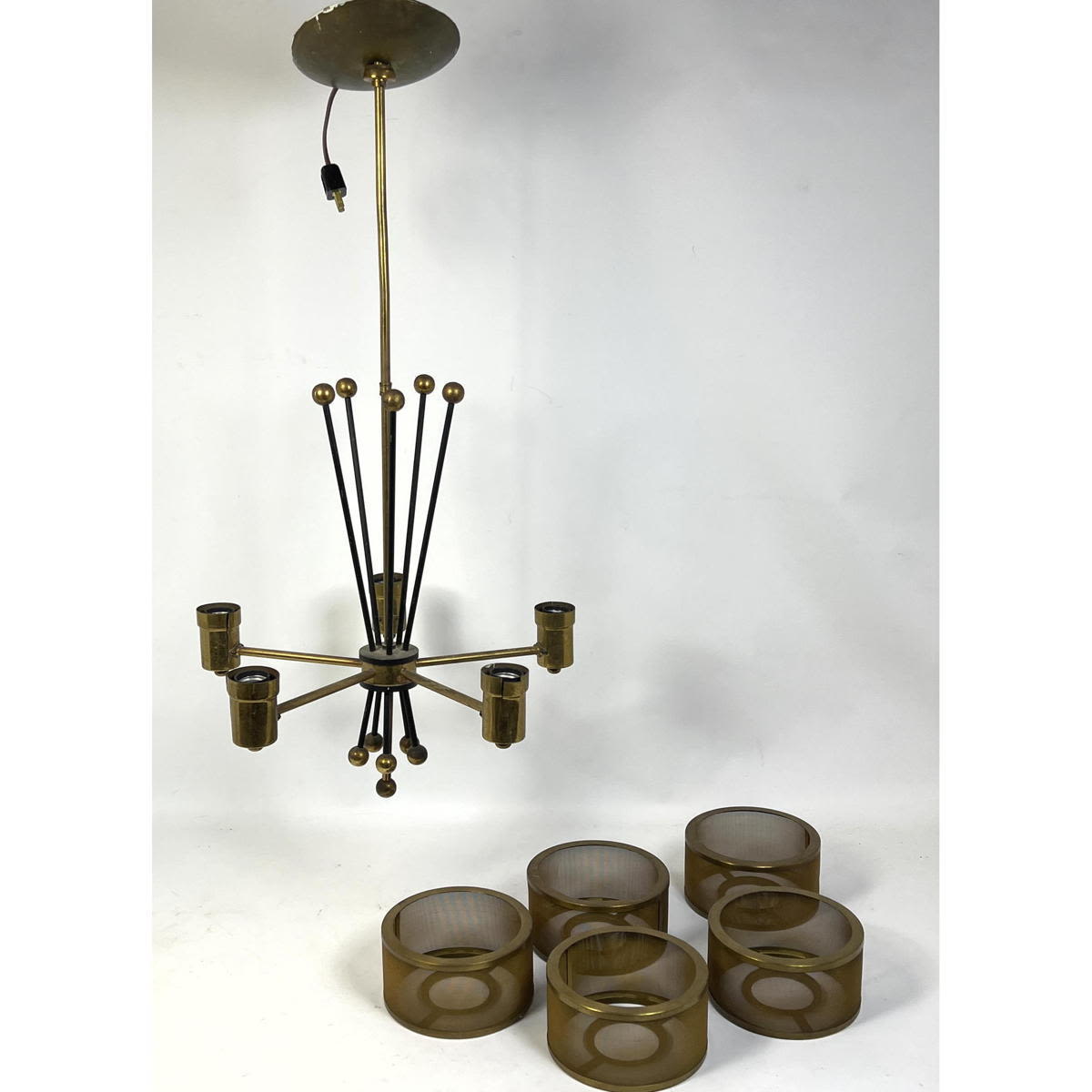 Appraisal: Modernist Brass Tone Chandelier Five Arm Frame Five Separate Round