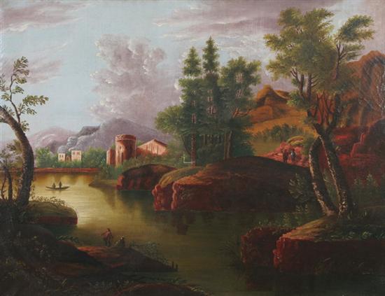 Appraisal: AMERICAN PRIMITIVE SCHOOL th century RIVER SCENE oil on canvas