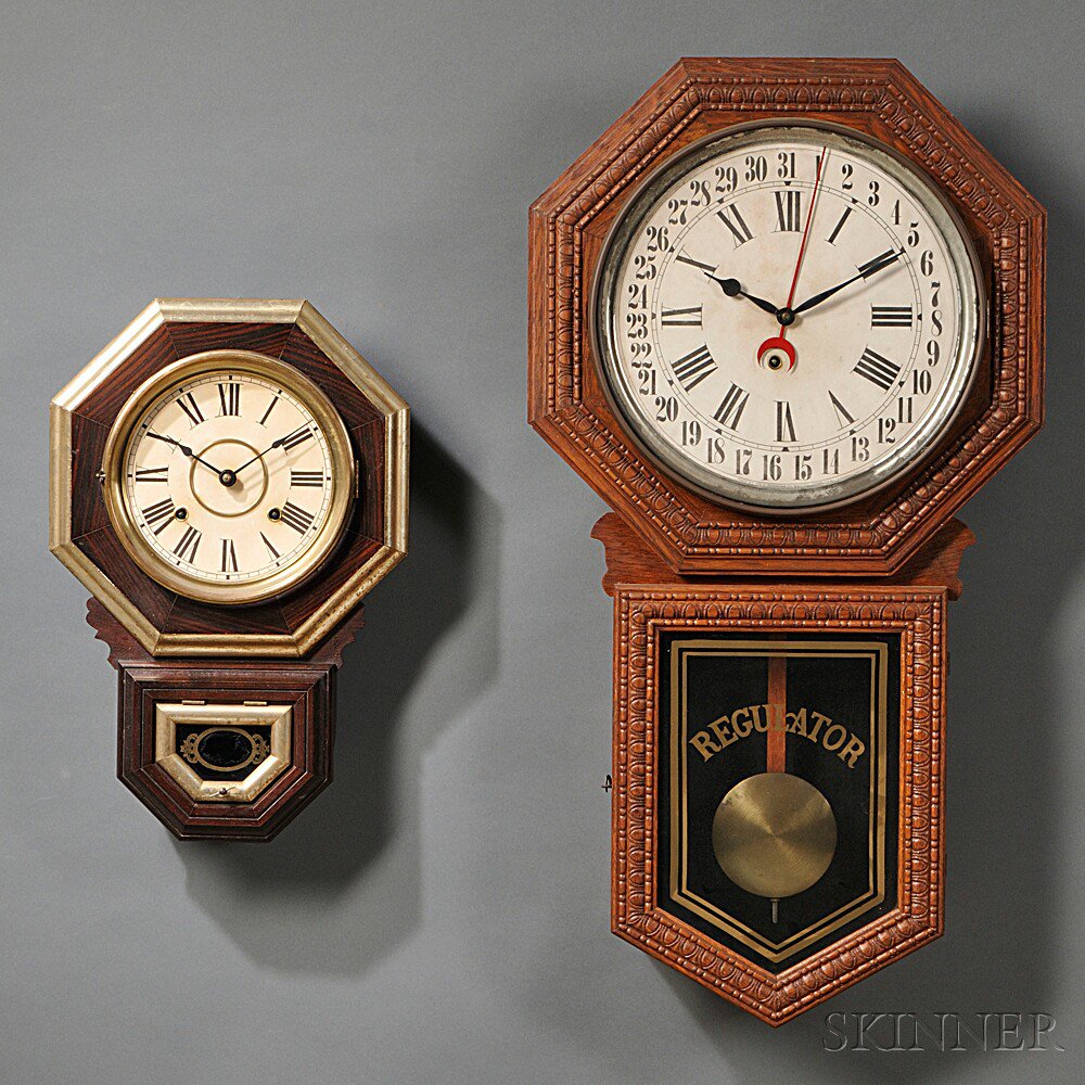 Appraisal: Two Ingraham Schoolhouse Drop Octagon Wall Clocks Bristol Connecticut c