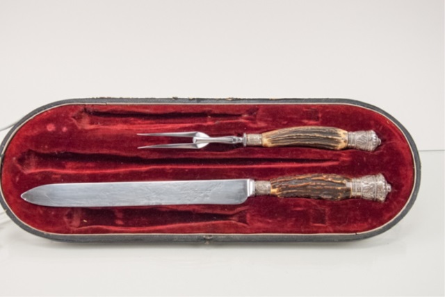 Appraisal: English Stag Antler and Sterling Carving Set pieces Winfield Rowbotham