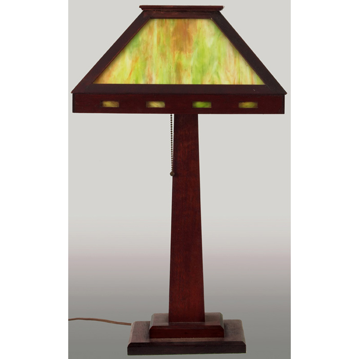 Appraisal: Arts Crafts table lamp pyramidal shade with green slag glass