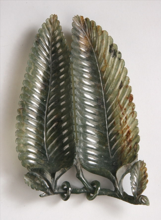 Appraisal: CHINESE SPINACH JADE DOUBLE LEAF-FORM CARVING - in long