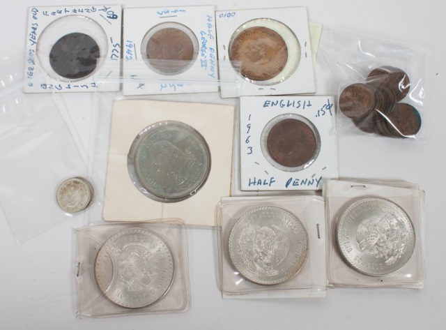 Appraisal: Assorted foreign silver and bronze coins including four Mexican -pesos