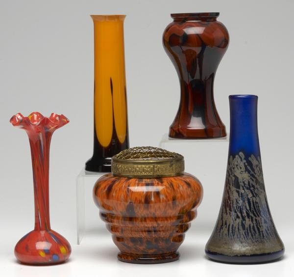 Appraisal: ART GLASS Five vases one with fitted metal cover Tallest