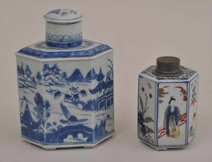 Appraisal: TWO CHINESE PORCELAIN OCTAGONAL TEA CADDIES The larger blue and