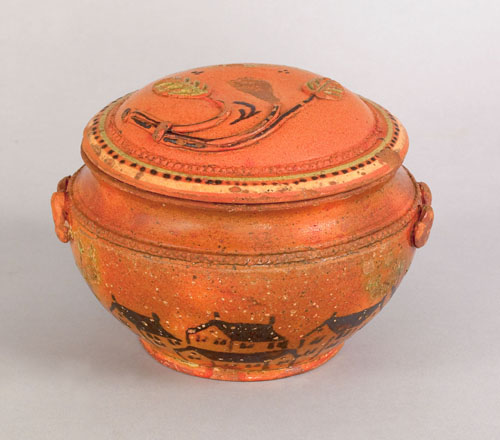 Appraisal: Unusual Pennsylvania redware covered sugar th c decorated with a