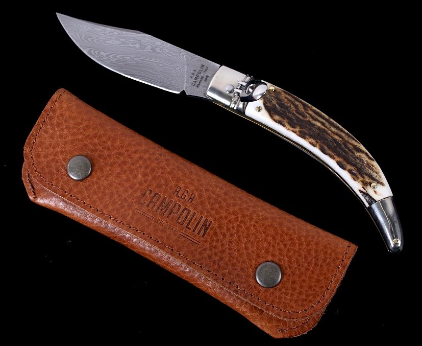 Appraisal: AGA Campolin Diana Damascus Stag Switchblade This is an authentic