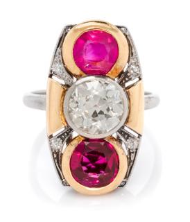 Appraisal: A Platinum Rose Gold Diamond Ruby and Synthetic Ruby Ring