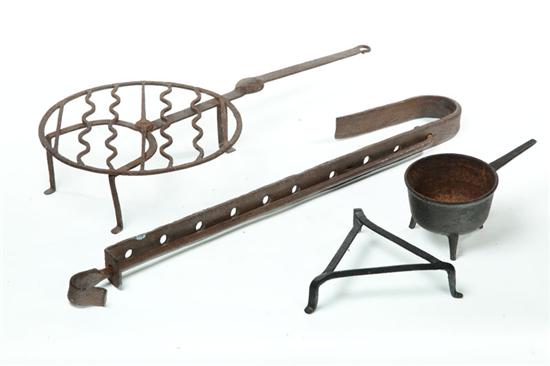 Appraisal: FOUR IRON KITCHEN ITEMS American th century Wrought fireplace trammel