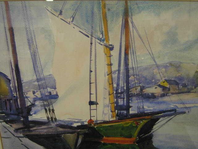 Appraisal: Emile A Gruppe Watercolor Ships at Harbor image area x