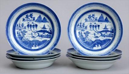 Appraisal: EIGHT CANTON BLUE AND WHITE SOUP PLATES Each with water