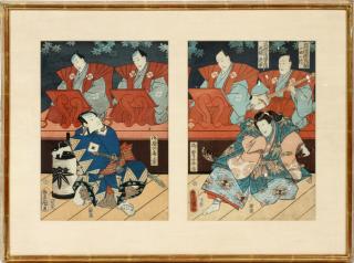 Appraisal: TOYOKUNI JAPANESE UKIYO TOYOKUNI JAPANESE UKIYO-E DIPTYCH WOODBLOCK PRINT TH