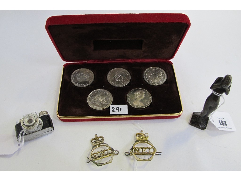 Appraisal: Lot comprising cased coin set miniature camera two badges and