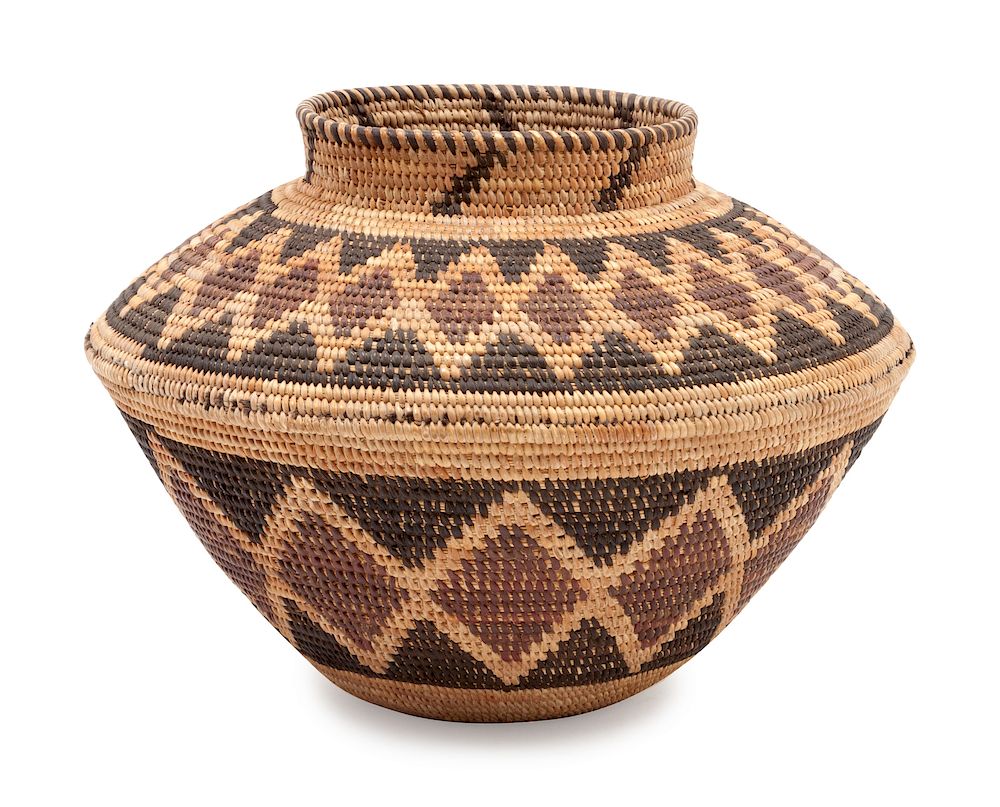 Appraisal: Yokut Polychrome Bottleneck Basket height x diameter inches Yokut Polychrome