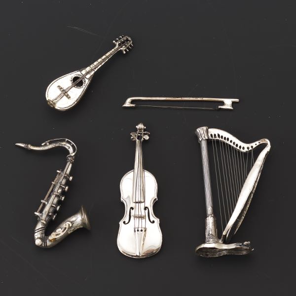 Appraisal: FIVE STERLING SILVER DOLL HOUSE MINIATURE MUSICAL INSTRUMENTS Five miniatures