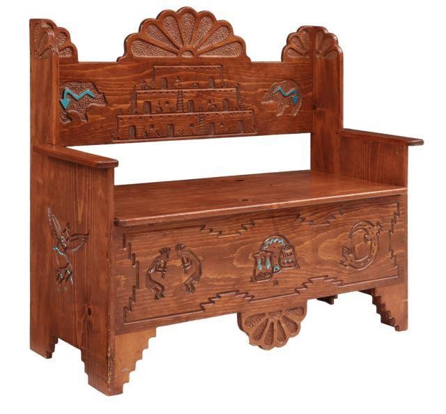 Appraisal: Southwest red-washed pine hall bench st c carved back with