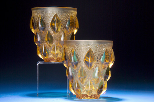 Appraisal: R LALIQUE Pair of vases Rampillon yellow ca Wheel-cut R