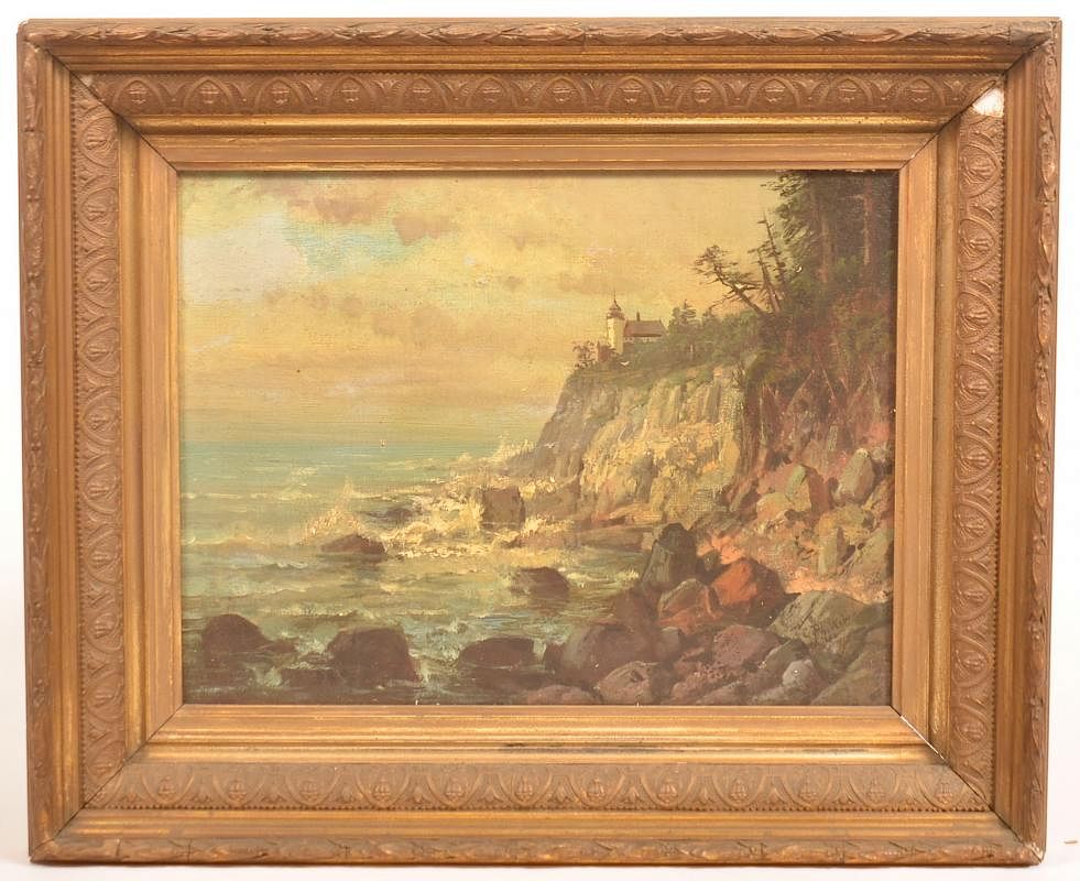 Appraisal: C P Weber Cliff Scene with Lighthouse Painting th Century