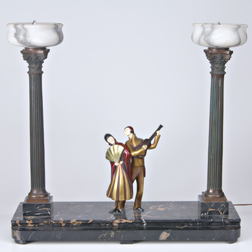 Appraisal: ROLAND PARIS Art Deco bronze and marble lamp stand on