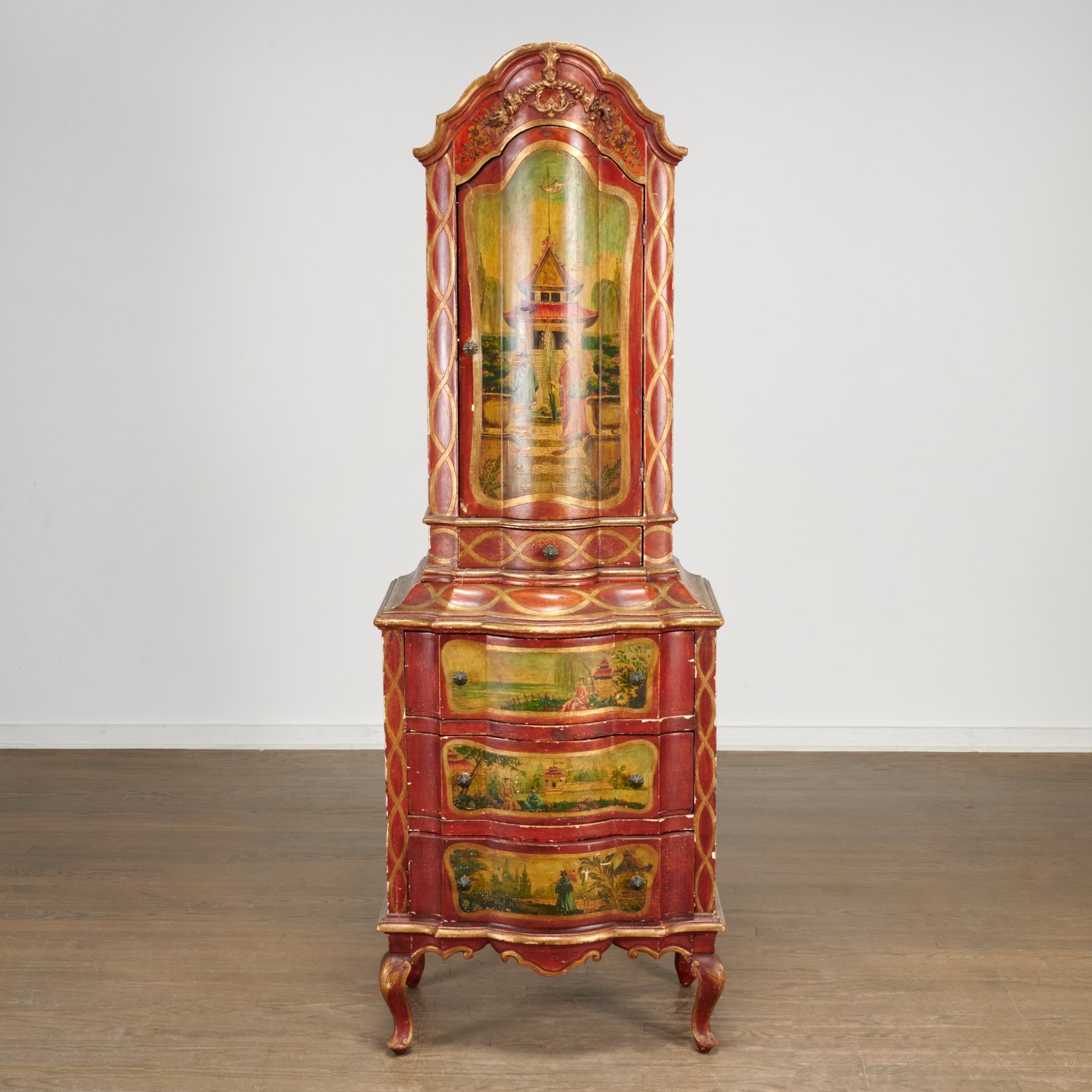 Appraisal: VENETIAN GILT AND SCARLET LACQUERED BUREAU CABINET th c gilt