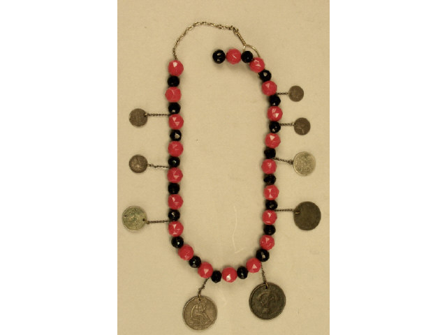 Appraisal: Early glass bead necklace with early coins including half dollar