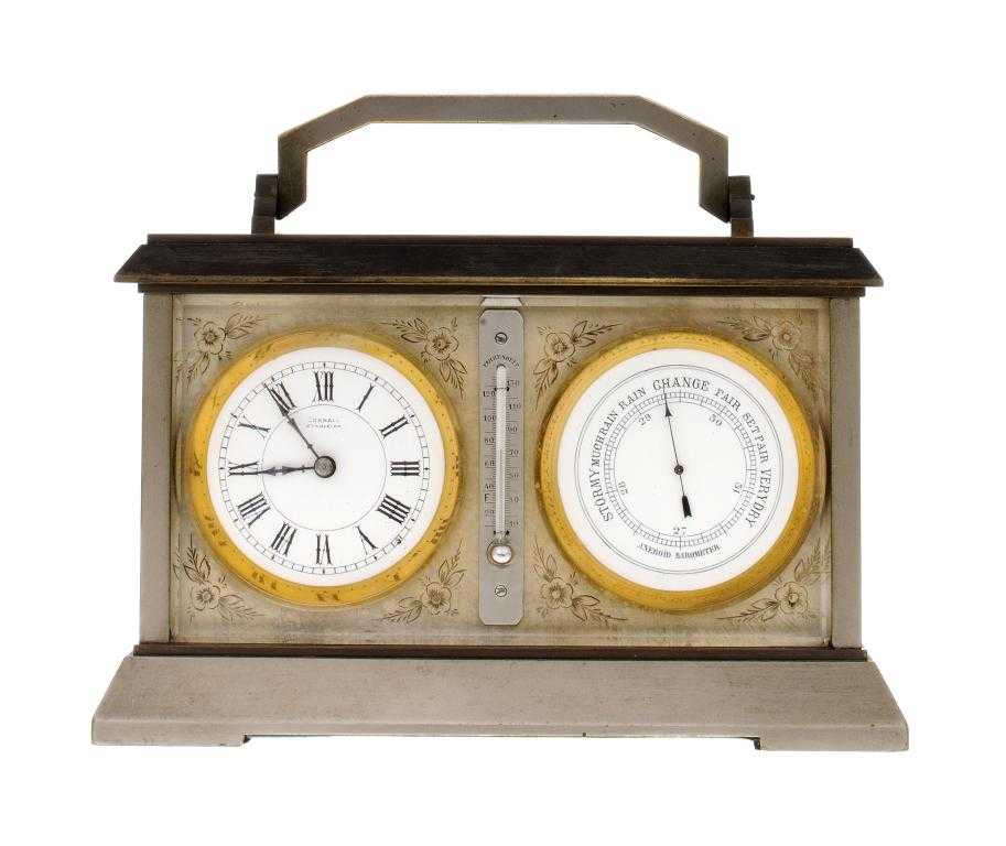 Appraisal: A FRENCH SILVERED BRASS DESK TIMEPIECE-BAROMETER the enamelled dials inscribed