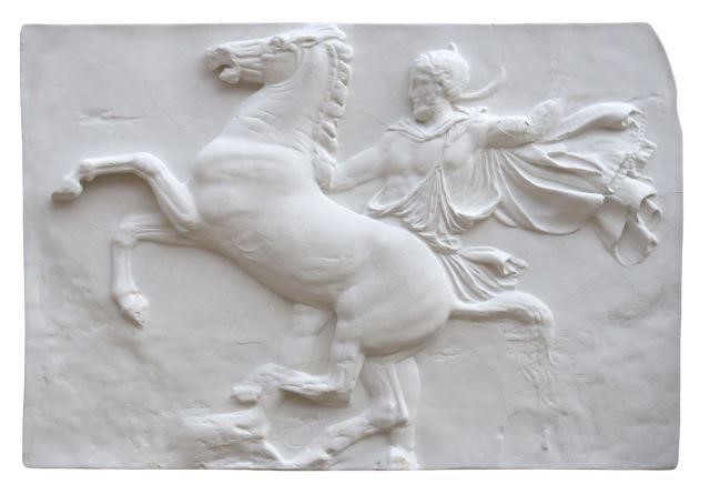 Appraisal: Architectural gesso and cast fiberglass relief panel rider trying to