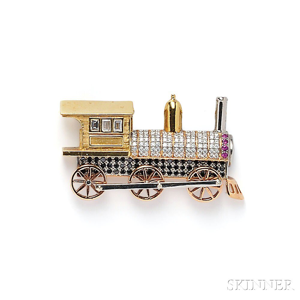 Appraisal: Gold Gem-set Locomotive Brooch with pave-set diamond boiler and step-cut