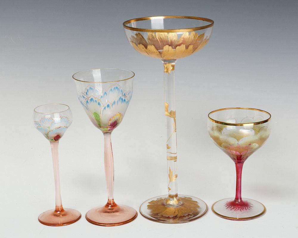 Appraisal: CIRCA BOHEMIAN ENAMELED STEMWARE ATTR HECKERT Two enameled floral designs