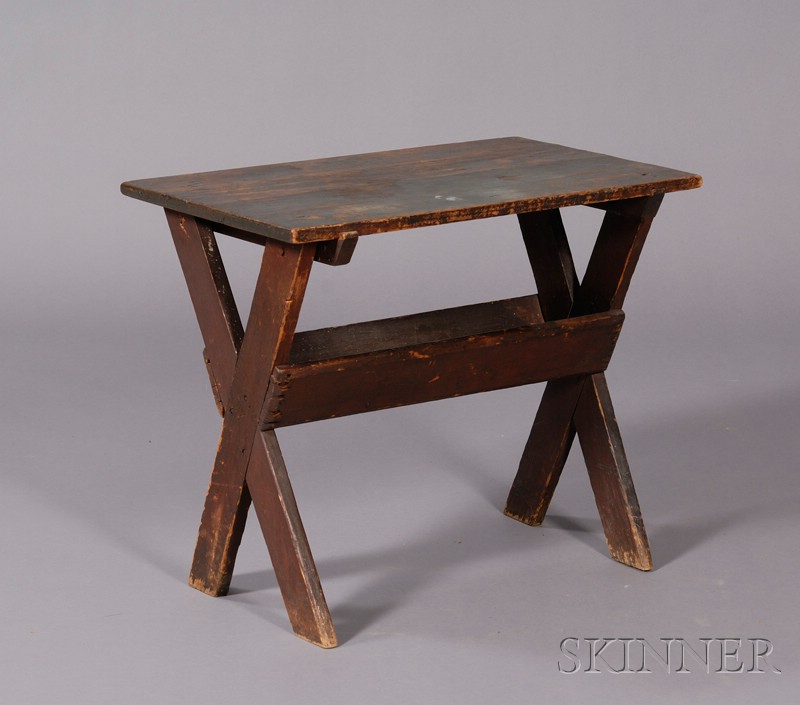 Appraisal: Small Blue-and Brown-painted Sawbuck Table New England early th century