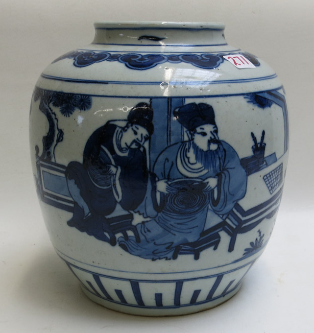 Appraisal: CHINESE BLUE UNDERGLAZE PORCELAIN JAR the sides featuring five figures