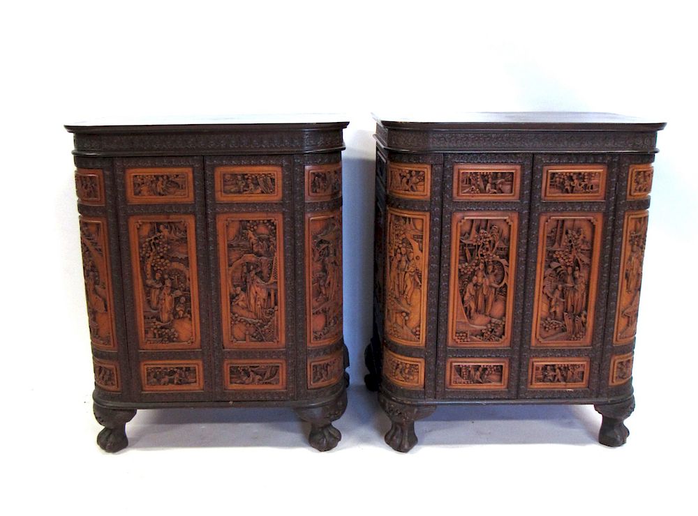 Appraisal: Pair of Carved Bar Tables Chinese made in Hong Kong