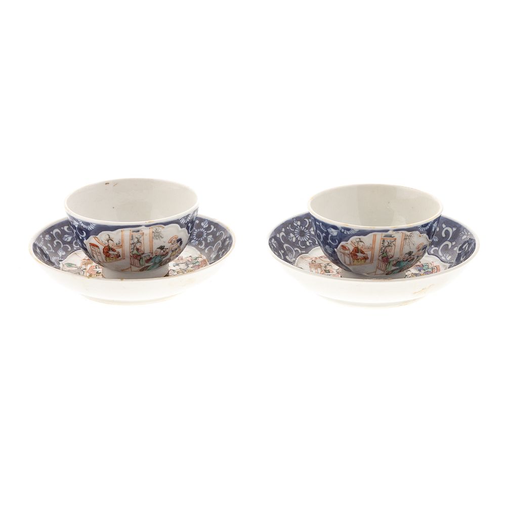 Appraisal: Pair Chinese Export Mandarin Tea Bowls Saucers Circa blue and