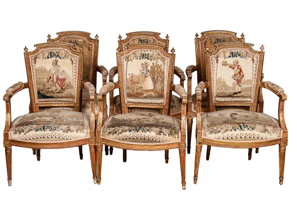 Appraisal: SIX LOUIS XVI STYLE UPHOLSTERED FAUTEUILSwith tapestry upholstery inches wide