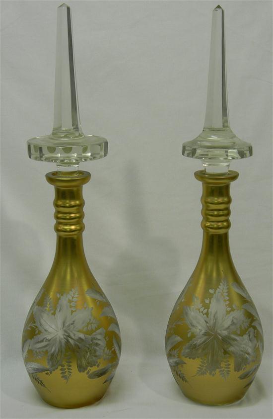 Appraisal: Pair cut and gilt glass decanters '' high floral and