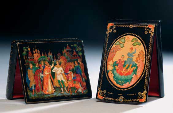 Appraisal: TWO RUSSIAN LACQUER BOXES Two Russian rectangular lacquer boxes each