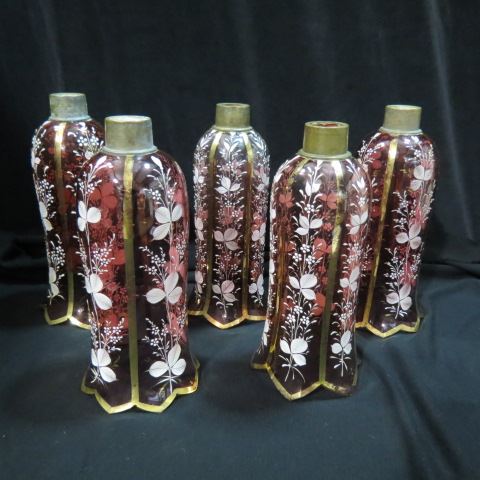 Appraisal: Enameled Cranberry Art Glass Shades hurricane style