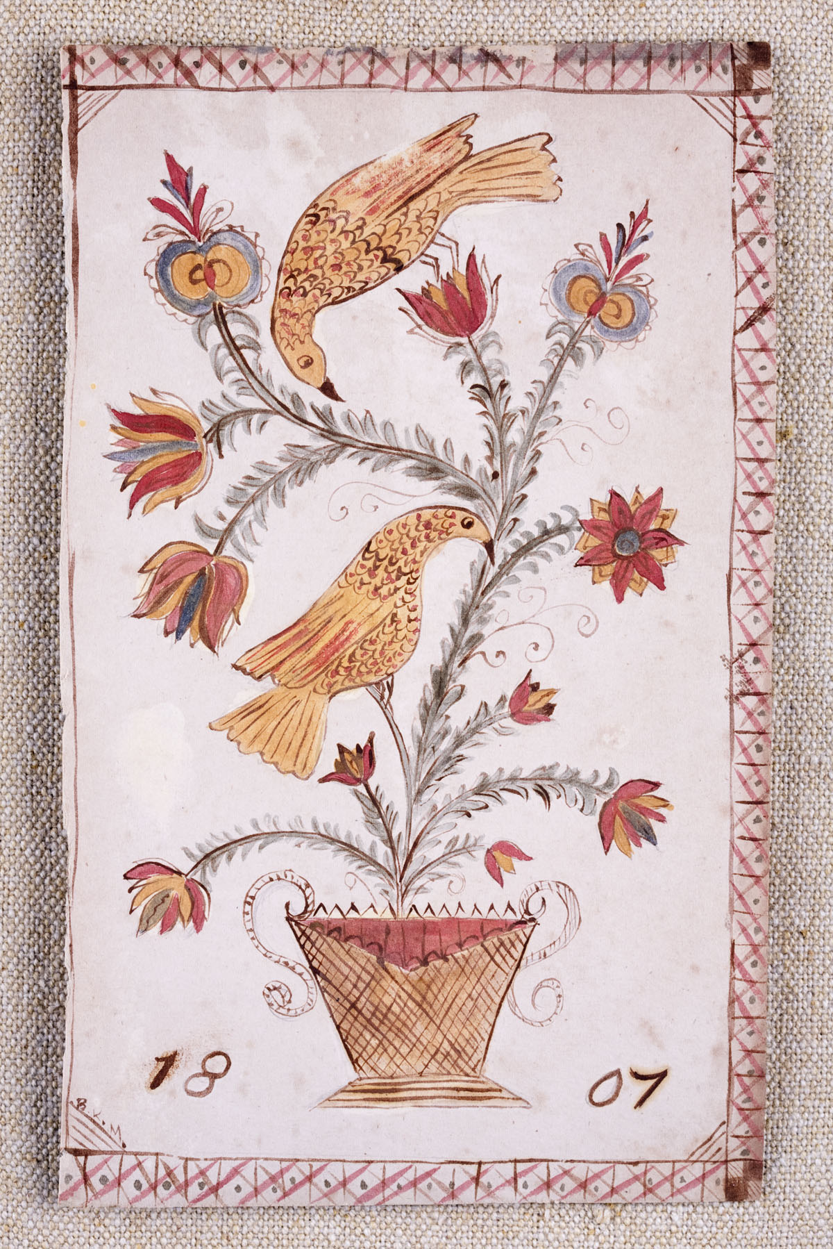 Appraisal: PENNSYLVANIA GERMAN BOOK-PLATE WITH TULIPS AND BIRDS DATED With geometric