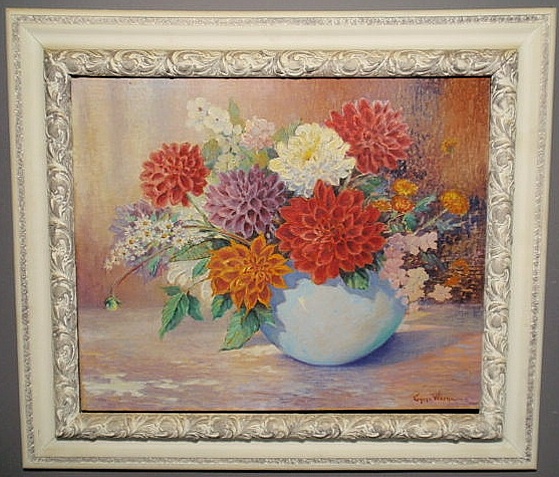 Appraisal: Oil on canvas still life painting of zinnias and other