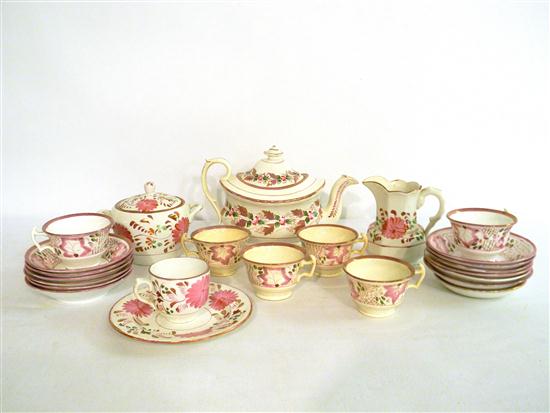 Appraisal: Pink lustreware porcelain including teapot with lid floral motif six