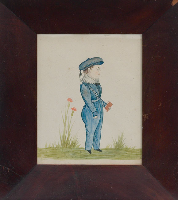 Appraisal: Americana watercolor depicting a boy wearing a blue suit and